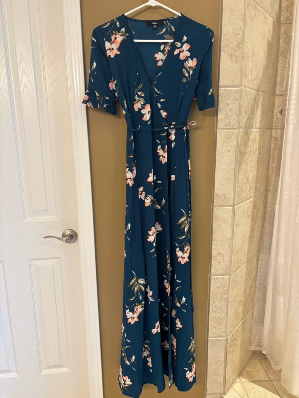 Lulu's Teal Floral Wrap Maxi Dress with Pink Blossoms